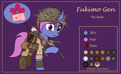 Size: 3000x1832 | Tagged: safe, artist:n0kkun, oc, oc only, oc:fukimo gen, pony, unicorn, bag, bandage, boots, bottle, clothes, combat medic, curved horn, female, flask, goggles, grenade, gun, helmet, holster, horn, katana, mare, medic, military, pants, pouch, purple background, raised hoof, reference sheet, sad, saddle bag, shirt, shoes, simple background, solo, submachinegun, sword, weapon, world war ii
