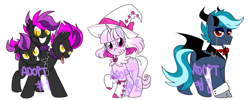 Size: 2250x900 | Tagged: safe, artist:paperbagpony, oc, cerberus, incubus, monster pony, pony, collaboration, adoptable, advertisement, auction, hat, monster mare, multiple heads, simple background, three heads, white background, witch, witch hat