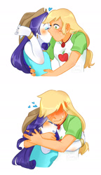 Size: 1106x1920 | Tagged: safe, artist:cheescheesy, applejack, rarity, equestria girls, equestria girls series, blushing, cute, daaaaaaaaaaaw, faceless female, female, floating heart, geode of shielding, geode of super strength, heart, hug, jackabetes, kissing, lesbian, magical geodes, offscreen character, raribetes, rarijack, shipping, sweat, sweatdrop