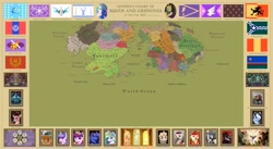 Size: 17595x9612 | Tagged: safe, equestria at war mod, continent, crystal empire, crystal empire flag, dragon's lair, equestria, equestrian flag, griffon empire, incomplete, map, new mareland, ocean, olenia, original location, political map, stalliongrad, wip, world map, yakyakistan