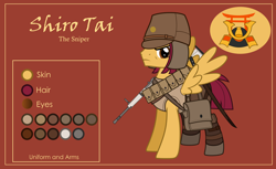 Size: 3000x1832 | Tagged: safe, artist:n0kkun, oc, oc only, oc:shiro tai, pegasus, pony, bag, belt, boots, brown background, clothes, gun, hat, katana, male, military, pants, pouch, reference sheet, rifle, saddle bag, shoes, simple background, solo, stallion, sword, tanktop, weapon, world war ii