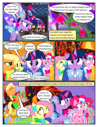 Size: 612x792 | Tagged: safe, artist:christhes, derpibooru import, applejack, fluttershy, pinkie pie, twilight sparkle, unicorn twilight, earth pony, pegasus, pony, unicorn, collaboration, comic:friendship is dragons, blast, braided tail, clothes, comic, dialogue, dress, eyes closed, freckles, gala dress, glowing horn, grin, hat, holding a pony, hoof shoes, horn, looking back, looking up, magic, magic blast, night, onomatopoeia, running, sacred, scared, show accurate, smiling, stars, vine, worried