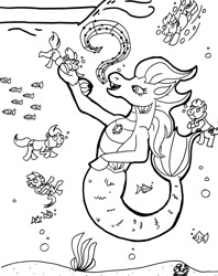 Size: 1024x1291 | Tagged: safe, artist:jamestkelley, crab, earth pony, fish, siren, 30 minute art challenge, black and white, bubble, fangs, fish tail, gem, grayscale, holding breath, hypnosis, hypnotic music, hypnotized, monochrome, ocean, sailor, sailor uniform, scales, ship, singing, sirens doing siren things, swimming, traditional art, uniform