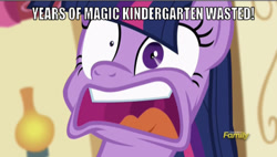 Size: 636x362 | Tagged: safe, edit, edited screencap, editor:undeadponysoldier, screencap, twilight sparkle, twilight sparkle (alicorn), unicorn twilight, alicorn, pony, unicorn, party pooped, buzz lightyear, caption, discovery family logo, faic, female, funny, image macro, mare, meme, open mouth, reference, shrunken pupils, simple background, solo, sugarcube corner, text, toy story, years of academy training wasted