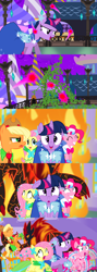 Size: 1920x5400 | Tagged: safe, alternate version, artist:christhes, derpibooru import, applejack, fluttershy, pinkie pie, twilight sparkle, unicorn twilight, earth pony, pegasus, pony, unicorn, collaboration, comic:friendship is dragons, blast, braided tail, clothes, comic, dress, eyes closed, freckles, gala dress, glowing horn, grin, hat, holding a pony, hoof shoes, horn, looking back, looking up, magic, magic blast, night, onomatopoeia, running, sacred, scared, show accurate, smiling, stars, vine, worried