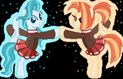 Size: 5773x3726 | Tagged: safe, artist:superhypersonic2000, lighthoof, shimmy shake, pony, 2 4 6 greaaat, absurd resolution, cheerleader, cheerleader outfit, clothes, duo, hoofbump, pixel art, smiling, standing, standing on one leg