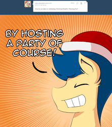 Size: 1000x1132 | Tagged: safe, artist:shadowkixx, oc, oc:sunray smiles, pony, ask sunray smiles, christmas, hat, holiday, male, santa hat, solo, stallion