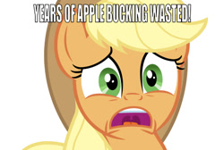 Size: 750x503 | Tagged: safe, derpibooru import, editor:undeadponysoldier, applejack, earth pony, pony, buzz lightyear, caption, female, funny, image macro, lying down, mare, meme, open mouth, reference, simple background, solo, text, toy story, white background, years of academy training wasted