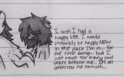 Size: 2474x1536 | Tagged: safe, artist:modocrisma, oc, oc only, oc:sobakasu, earth pony, pony, bags under eyes, chest fluff, depressed, depression, doodle, eye clipping through hair, freckles, hair over one eye, lined paper, looking down, male, monochrome, pencil drawing, photo, ponysona, solo, teenager, text, traditional art, vent art