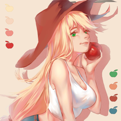 Size: 2000x2000 | Tagged: safe, artist:闷骚少女初窗, applejack, human, apple, applerack, breasts, clothes, cowboy hat, female, food, hat, humanized, sleeveless, solo, tanktop