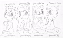 Size: 2356x1432 | Tagged: safe, artist:fireworks sea, derpibooru exclusive, oc, oc:fireworks sea, oc:fireworks sky, oc:fireworks snow, oc:fireworks sun, alicorn, bat pony, earth pony, kirin, pony, alicorn oc, bat pony oc, female, kirin oc, looking at each other, male, mare, skysun, traditional art