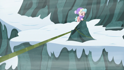 Size: 1280x720 | Tagged: safe, screencap, cozy glow, pegasus, pony, frenemies (episode), clothes, female, filly, flying, foal, hat, rope, snow, solo, winter outfit