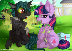 Size: 4092x2893 | Tagged: safe, artist:julunis14, spike, twilight sparkle, oc, oc:bandit, oc:chad, oc:kama ezio clyde armasta laska chadwickson the iv, changeling, dragon, pony, unicorn, baby, baby dragon, baby spike, bag, canterlot, changeling oc, commission, cute, double colored changeling, female, filly, foal, mama twilight, ocbetes, saddle bag, spikabetes, tree, twiabetes, younger