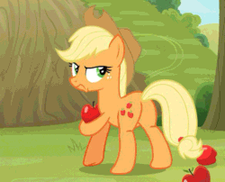 Size: 584x472 | Tagged: safe, derpibooru import, screencap, applejack, earth pony, pony, going to seed, animated, apple, applejack is not amused, butt, cowboy hat, cropped, female, food, gif, hat, mare, plot, solo, unamused, walking