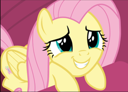 Size: 1300x941 | Tagged: safe, screencap, fluttershy, pegasus, pony, sweet and smoky, close-up, cropped, cute, eye shimmer, female, mare, prone, shyabetes, smiling, solo
