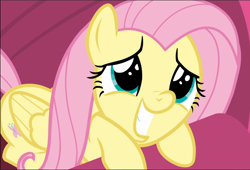 Size: 1380x941 | Tagged: safe, screencap, fluttershy, pegasus, pony, sweet and smoky, close-up, cropped, cute, cuteness overload, eye shimmer, faic, female, mare, prone, shyabetes, smiling, solo, teeth