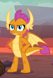 Size: 534x779 | Tagged: safe, screencap, smolder, dragon, sweet and smoky, angry, cropped, displeased, dragon lands, dragoness, fangs, female, frown, hands on hip, horns, lava, slit eyes, smolder is not amused, solo, spread wings, teenaged dragon, teenager, toes, unamused, wings