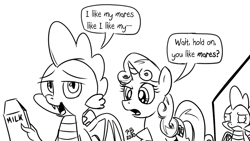 Size: 1200x675 | Tagged: safe, artist:pony-berserker, spike, sweetie belle, dragon, pony, unicorn, pony-berserker's twitter sketches, cutie mark, derp, female, filly, male, milk, monochrome, sketch, the cmc's cutie marks, winged spike