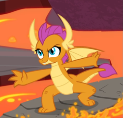 Size: 617x589 | Tagged: safe, screencap, smolder, dragon, sweet and smoky, confident, cropped, determined, dragon lands, dragoness, fangs, female, lava, lava surfing, smiling, smirk, solo, spread wings, surfing, teenaged dragon, teenager, toes, wings