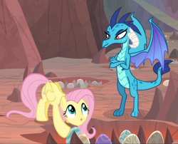 Size: 1163x938 | Tagged: safe, screencap, fluttershy, princess ember, dragon, pegasus, pony, sweet and smoky, amused, claws, cropped, crossed arms, crouching, cute, dragon egg, dragoness, duo, female, folded wings, horns, looking at each other, mare, open mouth, shyabetes, smiling, smirk, spread wings, wings