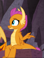 Size: 634x841 | Tagged: safe, screencap, garble, smolder, dragon, sweet and smoky, claws, cropped, cute, dragoness, female, finger snap, folded wings, horns, looking up, side view, sitting, slit eyes, smiling, smolderbetes, solo focus, teenaged dragon, teenager, wings