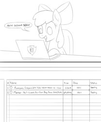 Size: 1000x1200 | Tagged: safe, artist:unsavorydom, apple bloom, earth pony, pony, going to seed, avengers: endgame, computer, cutie mark, endgame, female, filly, laptop computer, lineart, piracy, pun, solo, the cmc's cutie marks, torrent, you'll cowards don't even smoke crack