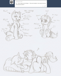 Size: 1024x1279 | Tagged: safe, artist:ravenpuff, oc, oc only, oc:butters, oc:sir reginald butterscop pendragon iv jr., oc:unhinged, alicorn, earth pony, pony, alicorn oc, animated, ask, bedroom eyes, blushing, earth pony oc, eyebrow wiggle, gay, gif, grayscale, horseshoes, lineart, male, monochrome, oc x oc, shipping, sitting, smiling, smirk, stallion, tongue out, traditional art, underhoof