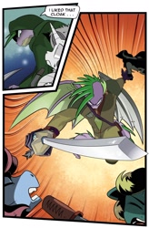 Size: 1280x1949 | Tagged: safe, artist:candyclumsy, spike, dragon, pony, comic:revolution of harmony, cloak, clothes, dialogue, metal wing, older, older spike, sword, this will end in death, this will end in tears, this will end in tears and/or death, weapon, winged spike