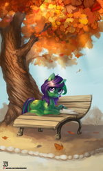 Size: 1500x2500 | Tagged: safe, artist:jedayskayvoker, oc, oc only, oc:buggy code, pony, unicorn, autumn, bench, glasses, solo, watch