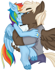 Size: 850x1114 | Tagged: safe, artist:dbkit, dumbbell, rainbow dash, anthro, carrying, cloven hooves, couple, dumbdash, female, male, ring, shipping, simple background, size difference, straight, transparent background, wedding ring