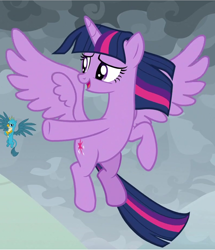 Size: 794x923 | Tagged: safe, screencap, gallus, twilight sparkle, twilight sparkle (alicorn), alicorn, the ending of the end, cropped, flying, open mouth, pointing, smiling, solo focus, spread wings, windswept mane, wings