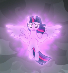 Size: 791x848 | Tagged: safe, screencap, twilight sparkle, twilight sparkle (alicorn), alicorn, pony, the ending of the end, cropped, floating, magic, magic aura, magic of friendship, smiling, solo, spread hooves, spread wings, windswept mane, wings