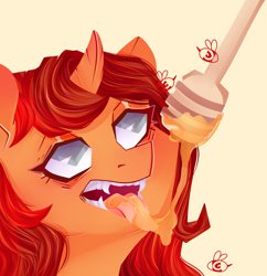 Size: 3400x3513 | Tagged: safe, artist:queennutti, oc, oc only, bee, pony, unicorn, eyes on the prize, fangs, food, honey, honey dipper, horn, looking up, tongue out, unicorn oc, ych result