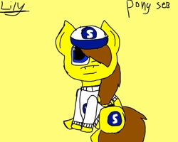 Size: 675x540 | Tagged: safe, artist:lily-maud croteau, oc, oc:ponyseb, pegasus, pony, hair over one eye, looking at you, sitting, yellow background