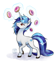 Size: 800x900 | Tagged: safe, artist:catbeecache, oc, oc only, oc:glimmering diamond, pony, unicorn, donut, food, magic, simple background, solo, telekinesis, white background