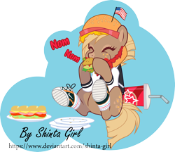 Size: 6183x5342 | Tagged: safe, artist:shinta-girl, oc, oc only, oc:junk food pony, oc:patty (ice1517), earth pony, pony, american flag, bag, bread, burger, cheese, clothes, coat markings, commission, converse, crumbs, cute, eating, eyes closed, featureless crotch, female, flag, food, freckles, ham, hamburger, hat, hay burger, jersey, junk food, ketchup, lettuce, mare, meat, mustard, nom, plate, raised hoof, raised leg, sandwich, sauce, shoes, simple background, sitting, socks, soda, solo, sub sandwich, tomato, transparent background, vector, wall of tags