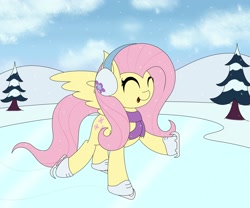 Size: 3000x2500 | Tagged: safe, artist:mrneo, fluttershy, pegasus, pony, clothes, cute, earmuffs, eyes closed, female, high res, ice skates, ice skating, mare, open mouth, scarf, shyabetes, skating, snow, snowfall, solo, tree, winter, winter outfit