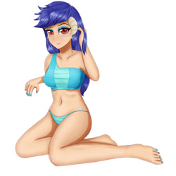 Size: 2000x2000 | Tagged: safe, alternate version, artist:focusb, princess ember, human, background removed, barefoot, belly button, breasts, clothes, eyeshadow, feet, female, humanized, lidded eyes, looking at you, makeup, midriff, nail polish, smiling, solo, swimsuit