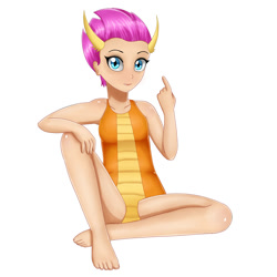 Size: 2000x2000 | Tagged: safe, alternate version, artist:focusb, smolder, dragon, human, background removed, barefoot, beckoning, breasts, clothes, dragoness, eyeshadow, feet, female, humanized, looking at you, makeup, one-piece swimsuit, smiling, solo, swimsuit