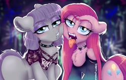 Size: 1280x814 | Tagged: safe, artist:wimsie, maud pie, pinkie pie, earth pony, pony, blushing, chest fluff, choker, clothes, ear piercing, earring, jewelry, lidded eyes, necklace, piercing, pinkamena diane pie, punk, tongue out
