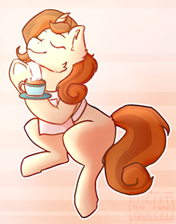 Size: 1957x2491 | Tagged: safe, artist:night_the_mad_queen, pony, abstract background, apron, background pony, cinnamon chai, clothes, cup, cute, eyes closed, food, tea, teacup