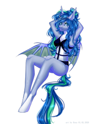 Size: 1691x2340 | Tagged: safe, alternate version, artist:rouz, oc, oc only, oc:starry song, anthro, bat pony, armpits, bikini, clothes, female, midriff, simple background, solo, swimsuit, transparent background