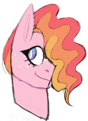 Size: 877x1199 | Tagged: safe, artist:iesbeans, oc, bust, female, freckles, hair over one eye, mare, offspring, parent:big macintosh, parent:cheerilee, parents:cheerimac, simple background, smiling, solo, white background