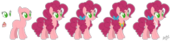 Size: 1859x443 | Tagged: safe, artist:nathy2001, artist:selenaede, oc, oc:cheesecake, earth pony, pony, apron, bald, base used, bow, clothes, element of laughter, female, hair bow, mare, offspring, parent:cheese sandwich, parent:pinkie pie, parents:cheesepie, reference sheet, simple background, solo, transparent background