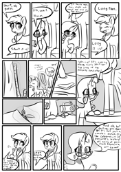 Size: 1493x2125 | Tagged: safe, artist:provolonepone, derpibooru import, applejack, rarity, earth pony, pony, unicorn, comic:a sapphic story, clothes, comic, cute, dress, glasses, jackabetes, magic, monochrome, raribetes, scissors, sewing machine, telekinesis