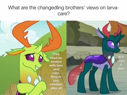 Size: 3081x2303 | Tagged: safe, edit, edited screencap, screencap, pharynx, thorax, changedling, changeling, to change a changeling, triple threat, changedling brothers, exploitable meme, implied infanticide, king thorax, male, mario brothers' views, meme, ponified meme, prince pharynx