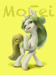 Size: 3000x4000 | Tagged: artist needed, safe, oc, oc only, pony, unicorn, high res, one hoof raised, simple background, solo, yellow background