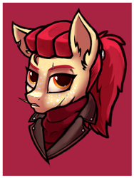 Size: 1001x1330 | Tagged: safe, artist:hc0, apple bloom, pony, bust, clothes, jacket, older, portrait, scar, solo