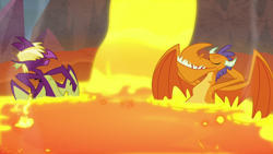 Size: 1280x720 | Tagged: safe, screencap, billy (dragon), fume, spear (dragon), dragon, sweet and smoky, arm behind head, duo, eyes closed, lava, lava pool, male, relaxing, teenaged dragon