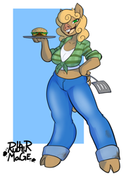 Size: 1514x2000 | Tagged: safe, artist:rubbermage, oc, oc:diner delights, anthro, orc, original species, pig, burger, clothes, flannel shirt, food, jeans, pants, pony orc, solo, spatula